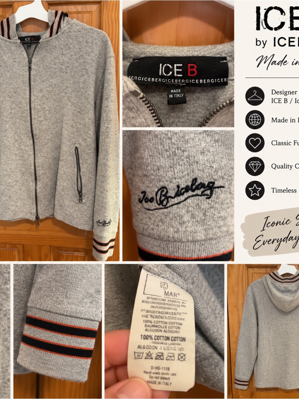 Iceberg ICE B Made in Italy Gray Cotton Full Zip Hoodie Jacket size large